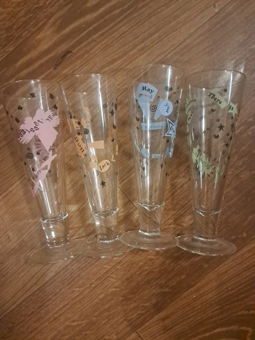 Vtg Decorative Glassware Set - Orange, Green,Blue, Pink Accent Pilsner Flutes 9